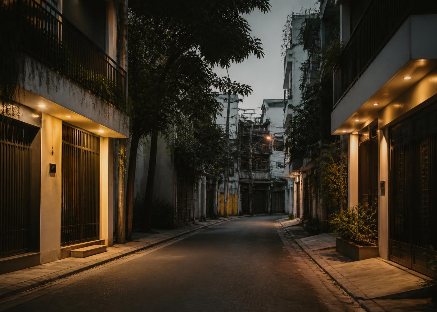 Rue résidentielle contemporaine à Nha Trang en fin de journée